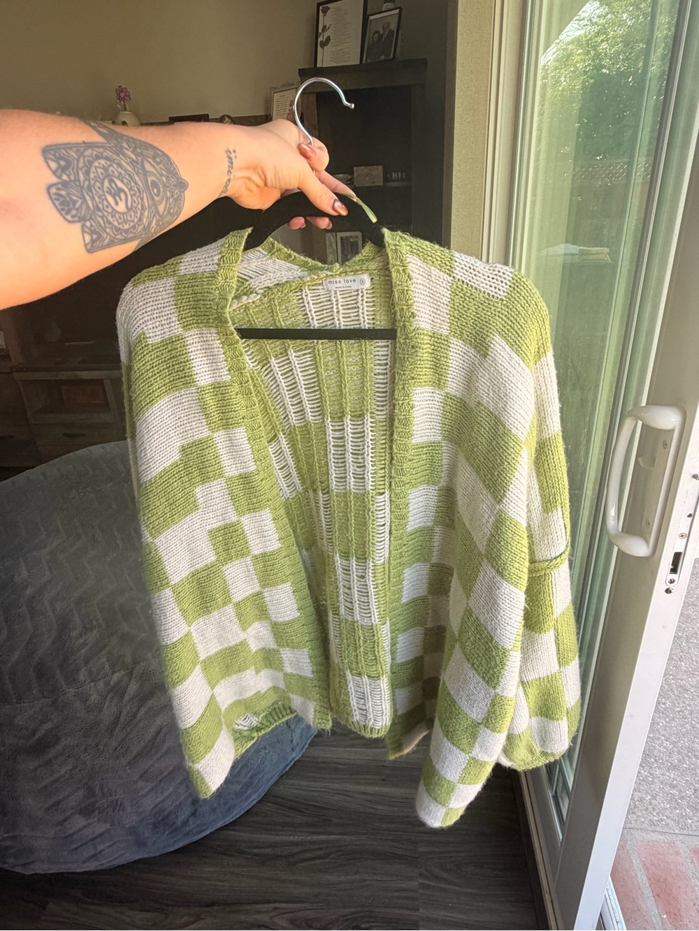 Oversized Open-Front Green & White Checkered Knit Cardigan